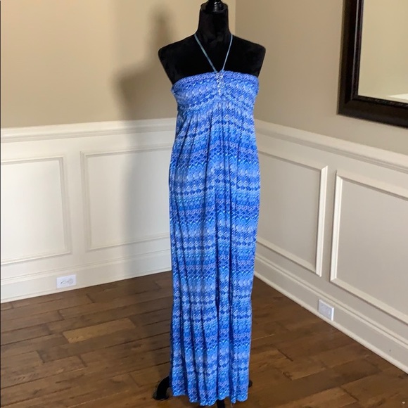 LO Posh Blue Printed Tie at Neck Maxi Dress Size L - Picture 3 of 7